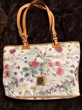 Dooney & Bourke White Floral Leather Tote with Tan Trim and Multi-Color Blooms